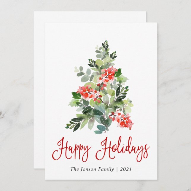 Watercolor Holly Berry Christmas Tree Greeting Holiday Card (Front/Back)