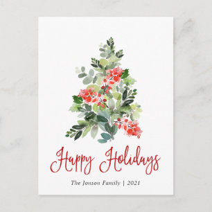 Watercolor Holly Berry Christmas Tree Greeting Postcard