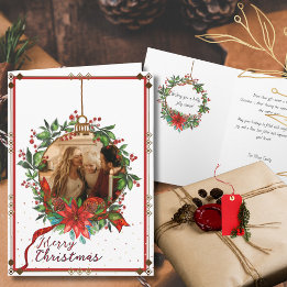 Watercolor Holly Berry Christmas Wreath Photo Card
