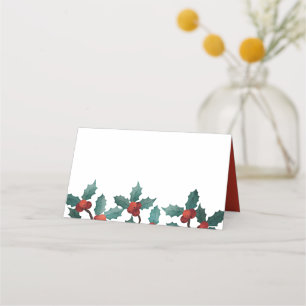 Watercolor Holly Berry Foliage   Holiday Place Card