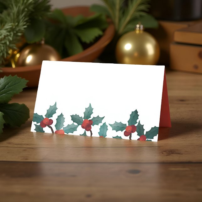 Watercolor Holly Berry Foliage | Holiday Place Card (Creator Uploaded)