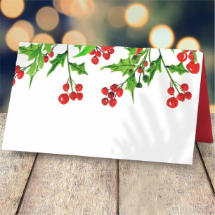 Watercolor Holly Berry Foliage   Holiday Place Card