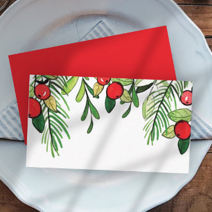 Watercolor Holly Berry Foliage   Holiday Place Card