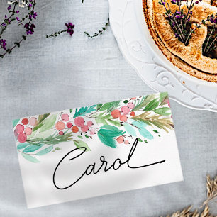 Watercolor Holly Berry Foliage   Holiday Place Card