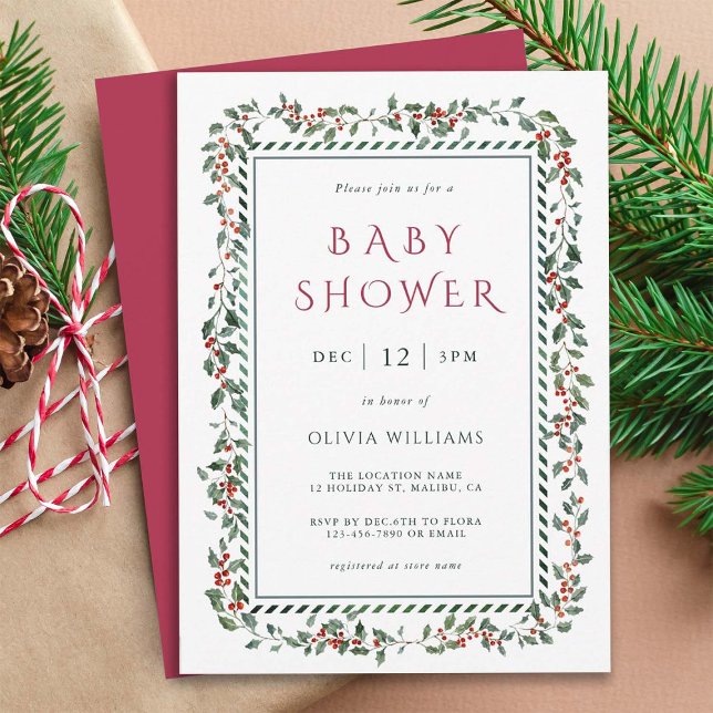 Watercolor Holly Berry Frame Baby Shower Invitation (Creator Uploaded)