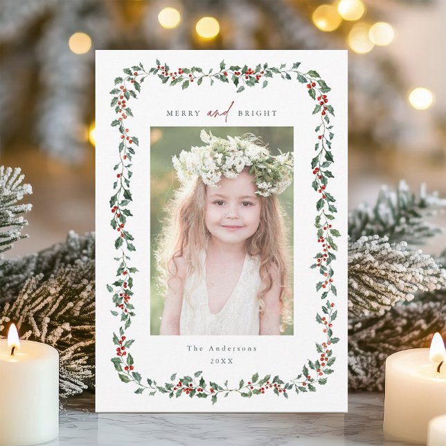 Watercolor Holly Berry Frame Merry & Bright Photo Holiday Card (Creator Uploaded)