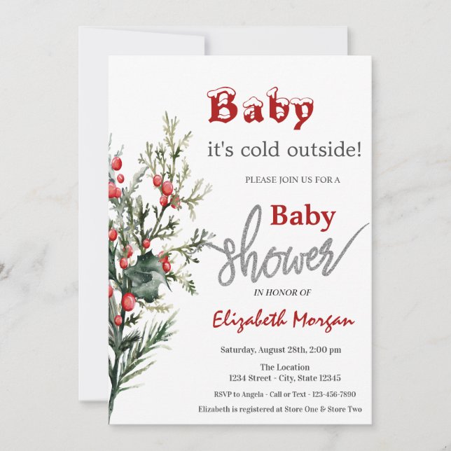 Watercolor Holly Berry Greenery Baby Shower  Invitation (Front)