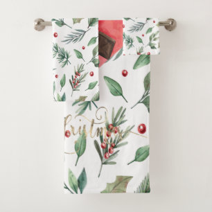 Watercolor Holly Berry Greenery Bath Towel Set