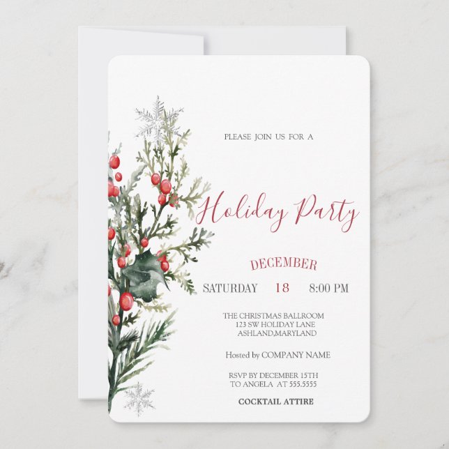 Watercolor Holly Berry Greenery Christmas  Invitation (Front)