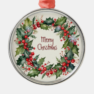 Watercolor Holly Berry Greenery Christmas Metal Ornament