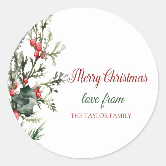 Watercolor Holly Berry Greenery Classic Round Sticker (Front)