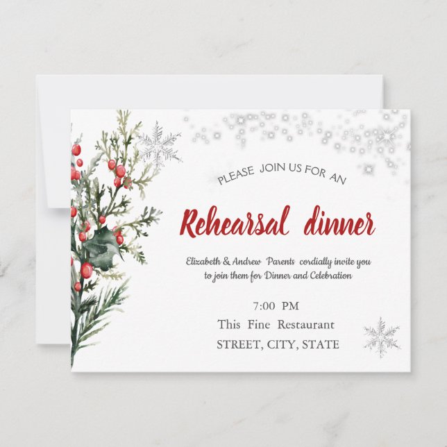 Watercolor Holly Berry Greenery Rehearsal Dinner Invitation (Front)