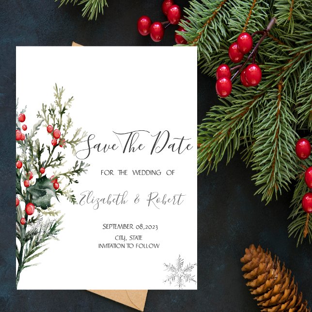 Watercolor Holly Berry Greenery Save The Date (Creator Uploaded)
