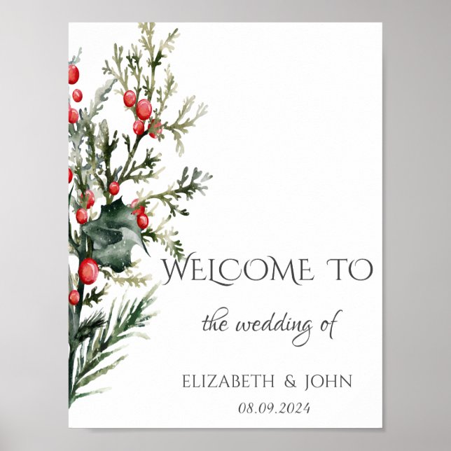 Watercolor Holly Berry Greenery Wedding Poster (Front)