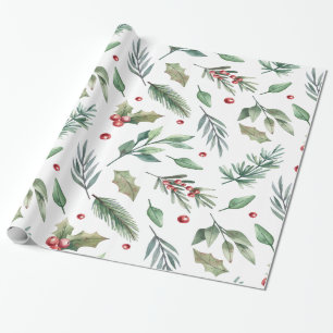 Watercolor Holly Berry Greenery Wrapping Paper