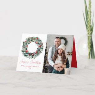 Watercolor Holly Berry & Greenery Wreath 2 Photo Holiday Card