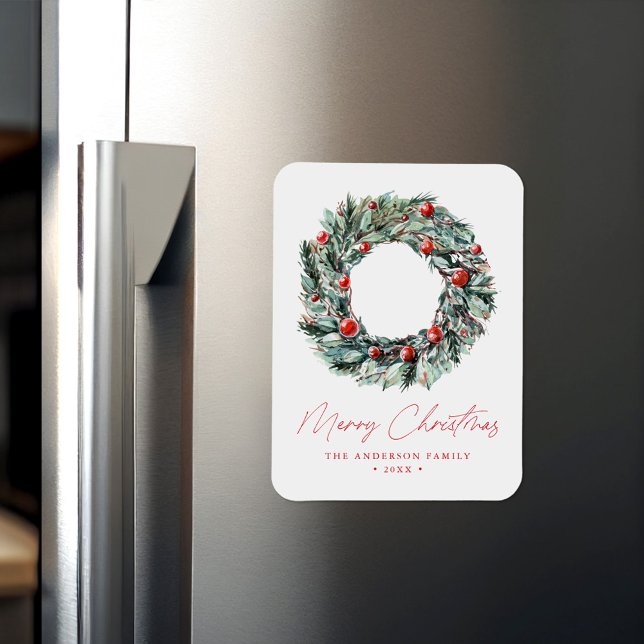 Watercolor Holly Berry & Greenery Wreath Christmas Magnet (Creator Uploaded)