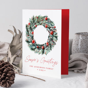 Watercolor Holly Berry & Greenery Wreath Non-Photo Holiday Card