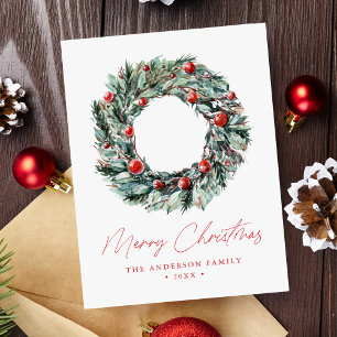 Watercolor Holly Berry & Greenery Wreath Non-Photo Holiday Postcard