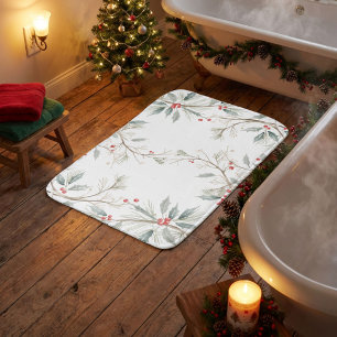 Watercolor Holly Berry Pine Winter Bath Mat