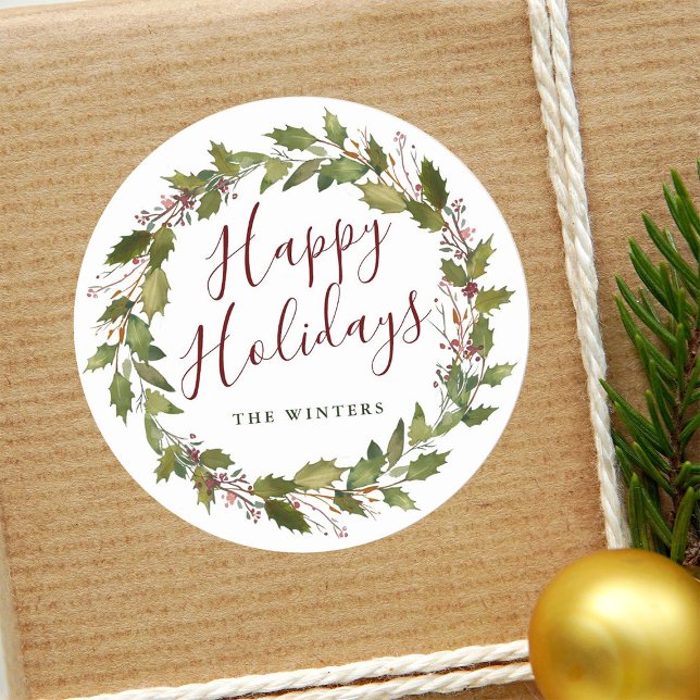 Watercolor Holly Berry Wreath Happy Holidays Classic Round Sticker (Creator Uploaded)