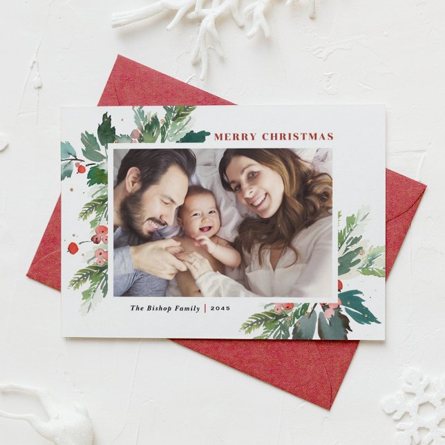 Watercolor Holly Botanical Merry Christmas Photo Holiday Card (Creator Uploaded)
