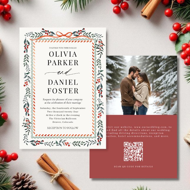 Watercolor Holly Bow QR Code Photo Winter Wedding Invitation (Creator Uploaded)