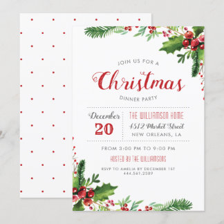 Watercolor Holly Branches Christmas Dinner Party Invitation