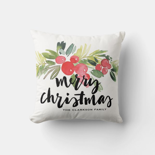 Watercolor Holly Brush Lettering Merry Christmas Cushion (Front)