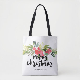 Watercolor Holly Brush Lettering Merry Christmas Tote Bag