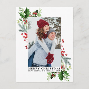 Watercolor Holly Christmas Greenery Couple Photo Postcard