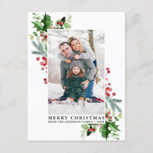 Watercolor Holly Christmas Greenery Family Photo Postcard