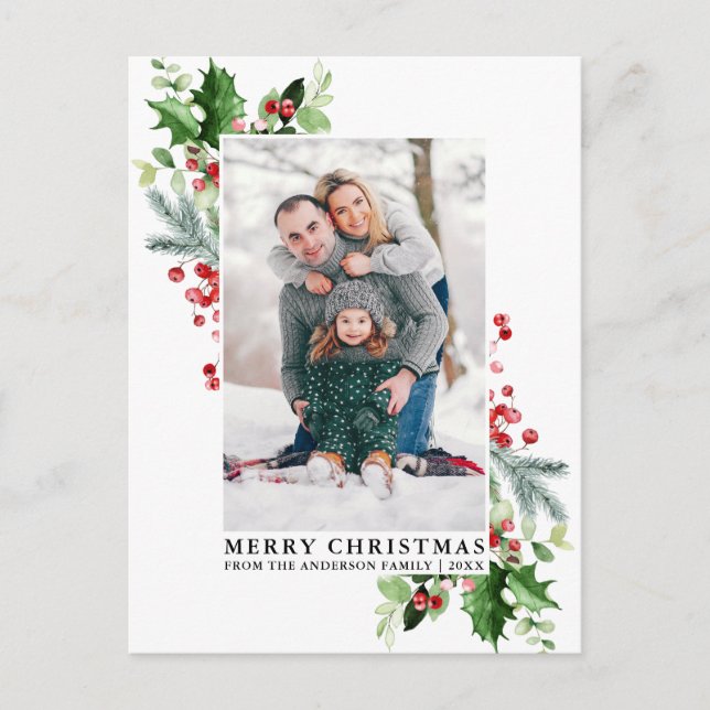 Watercolor Holly Christmas Greenery Family Photo Postcard (Front)