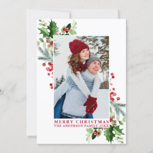 Watercolor Holly Christmas Greenery Photo Red Holiday Card