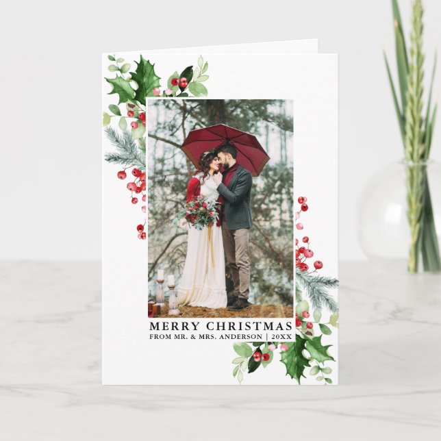 Watercolor Holly Christmas Greenery Wedding Fold Holiday Card (Front)