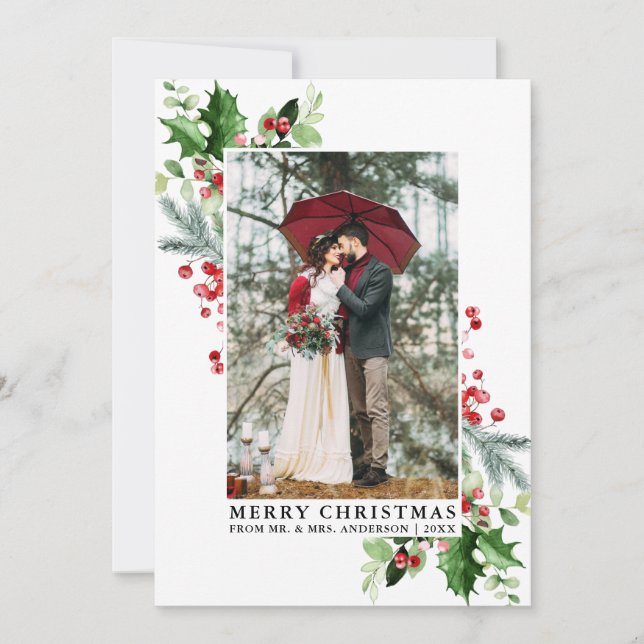 Watercolor Holly Christmas Greenery Wedding Photo Holiday Card (Front)