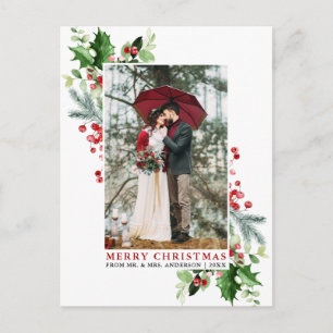 Watercolor Holly Christmas Greenery Wedding Red Postcard