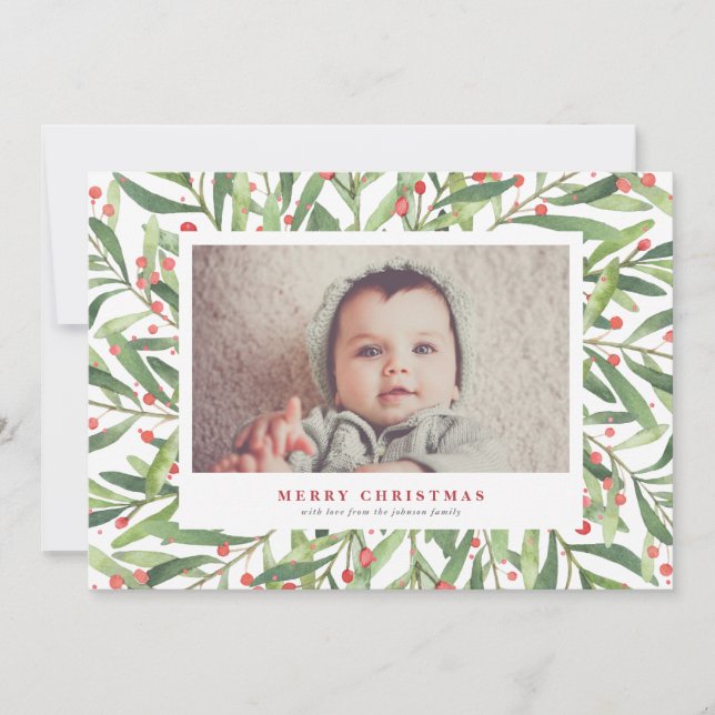 Watercolor Holly Christmas Photo Card (Front)