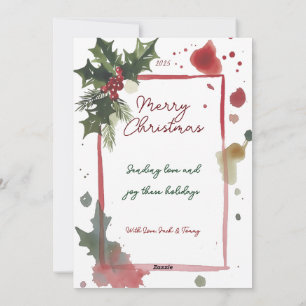 Watercolor Holly Christmas Tree Holiday Card