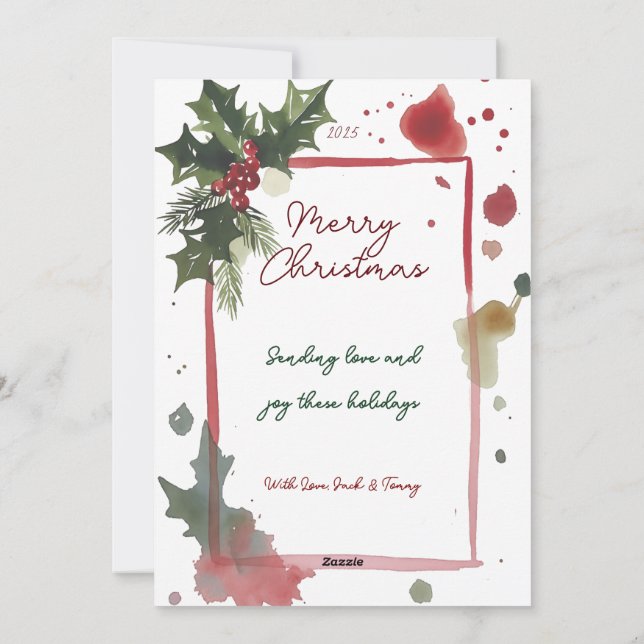Watercolor Holly Christmas Tree Holiday Card (Back)