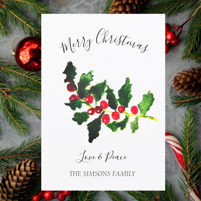 Watercolor Holly Christmas Tree Merry and Bright Holiday Card (Creator Uploaded)