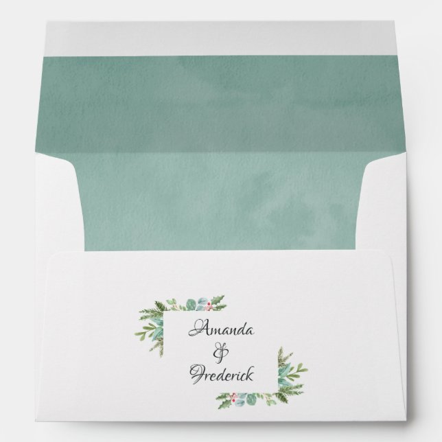 Watercolor Holly Christmas Wedding Envelope (Back (Bottom))