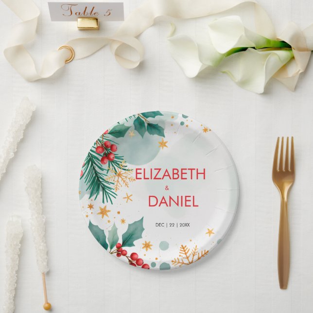Watercolor Holly Christmas Wedding Paper Plates  (Wedding)