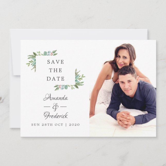 Watercolor Holly Christmas Wedding Save the Date (Front)
