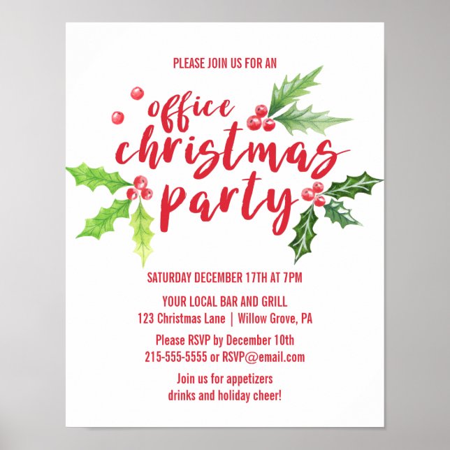 Watercolor Holly Company Christmas Party Invite Poster (Front)