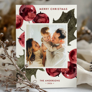 Watercolor Holly Family Photo Merry Christmas Holiday Card