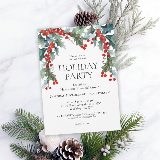Watercolor Holly Festive Holiday Party Invitation (Available in both printed and instant download digital formats.)