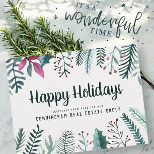 Watercolor Holly Foliage   Holiday Greetings Postcard