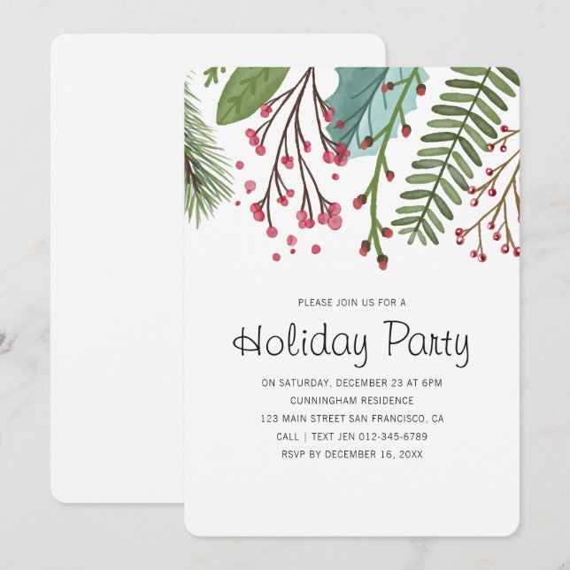 Watercolor Holly Foliage Holiday Party Invitation (Front/Back)