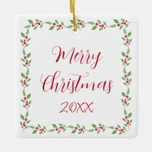  Watercolor Holly Garland    Ceramic Ornament